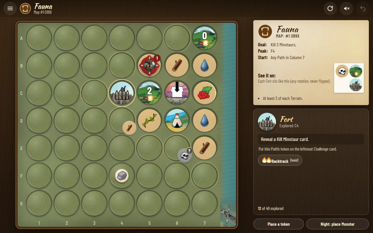 A Corps of Discovery map part-explored on a tablet: revealed terrain, a Minotaur on its lair, a Hill showing 2 and guess markers on the hidden paths