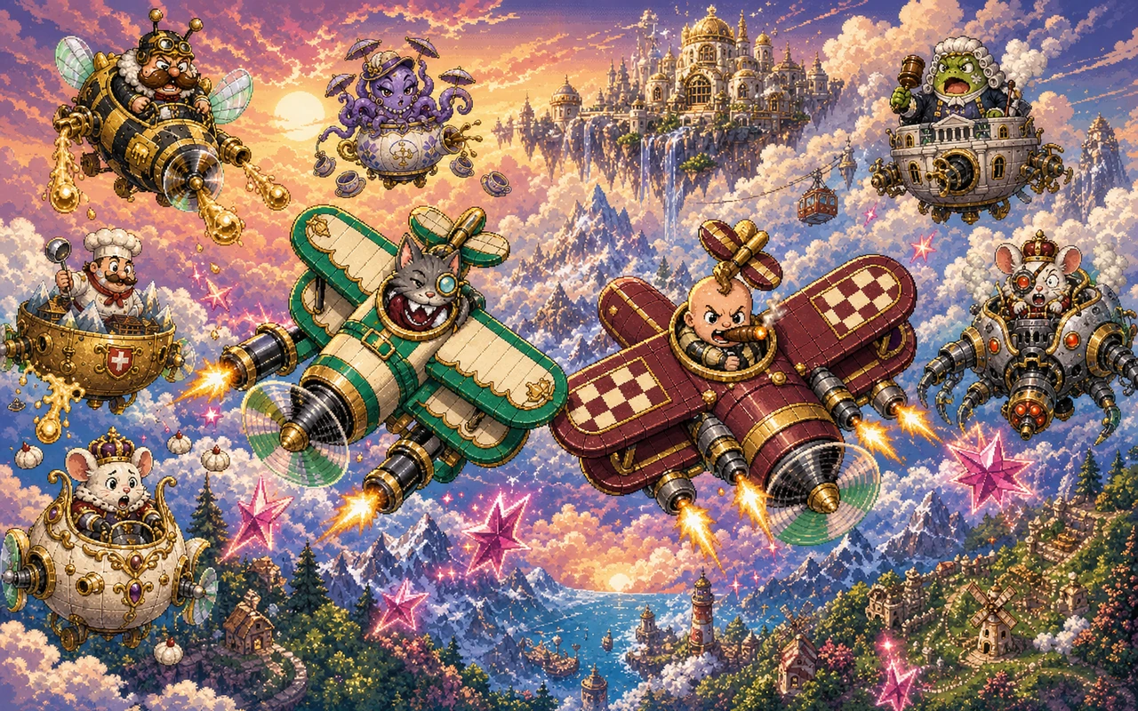 Fable Christianson and the Downtown Babby flying rival biplanes through a sky full of comic bosses