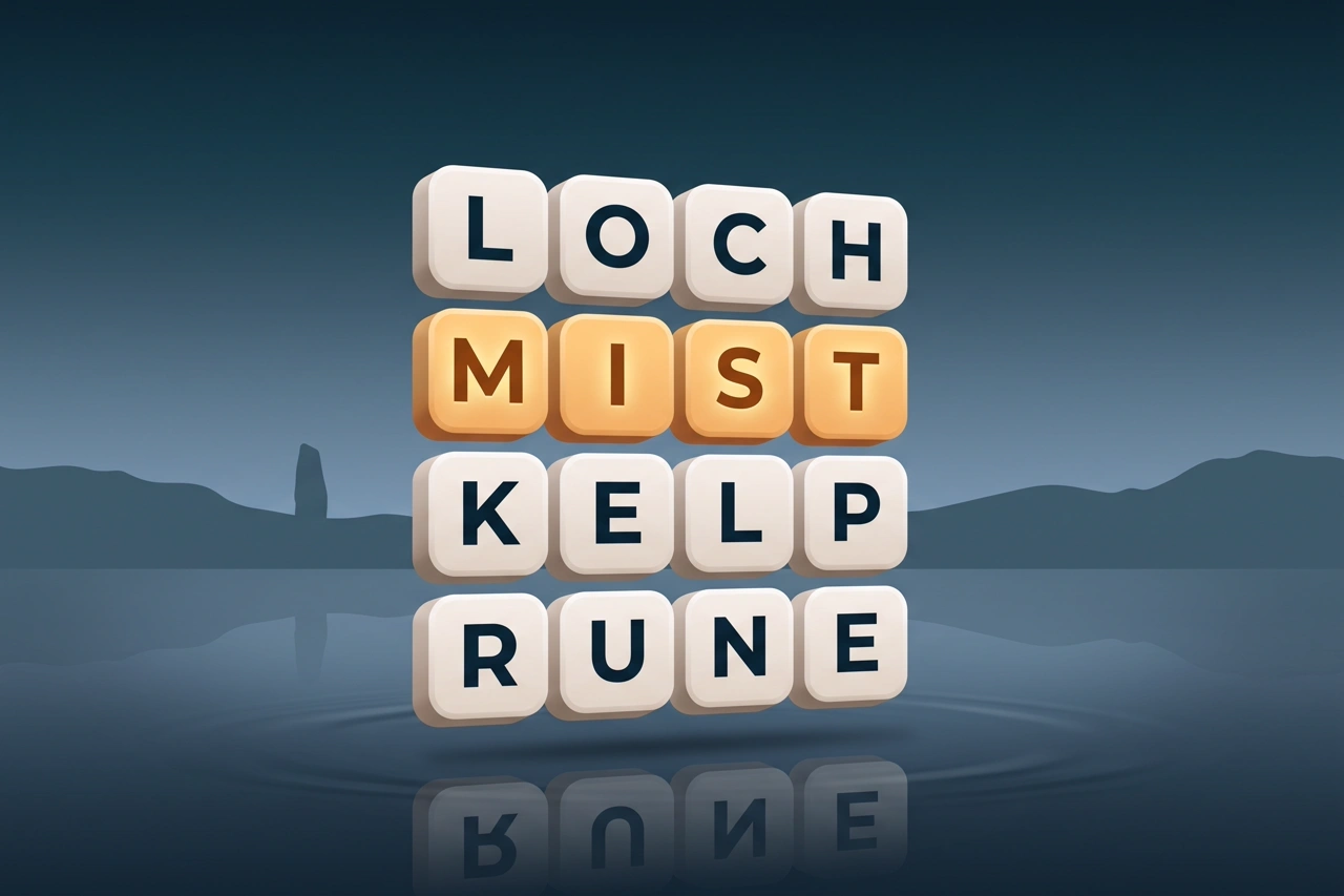 Sixteen letter tiles in a four-by-four grid spelling LOCH, MIST, KELP and RUNE, reflected in a still Highland loch at dusk