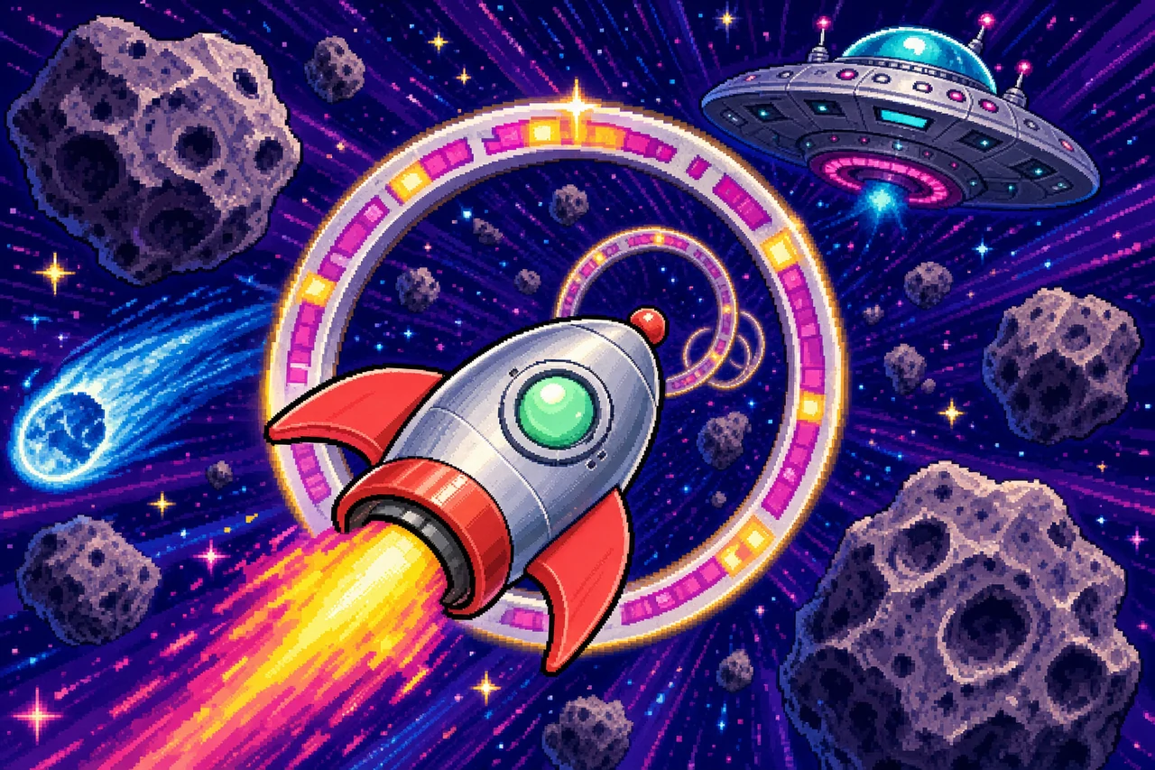 A silver rocket racing through warp rings, comets and asteroids