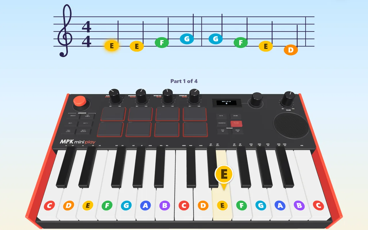 A 3D Akai MPK mini Play keyboard with its E key glowing, below a treble staff of notes lettered in rainbow colours