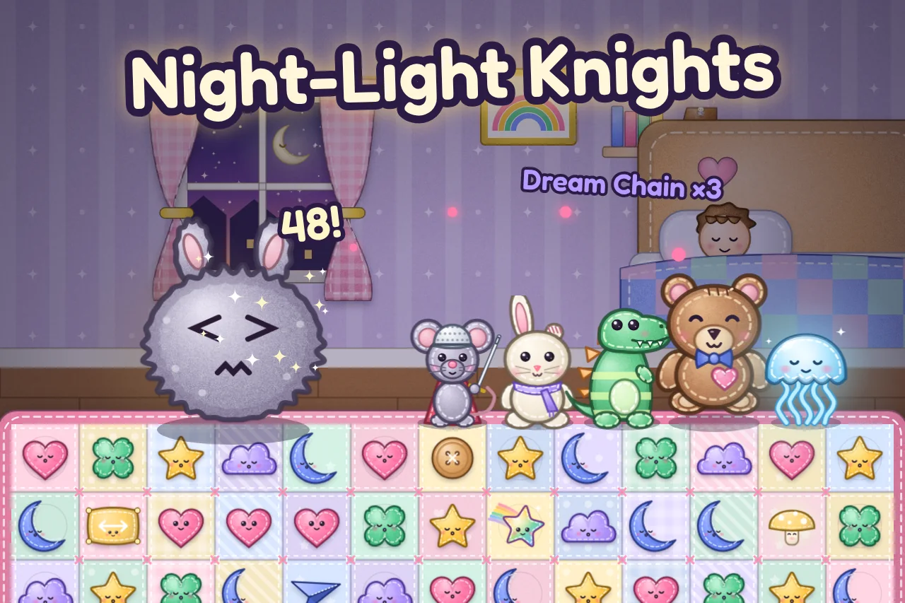 A grumpy dust bunny reeling from a boop as a patched teddy, a one-eared bunny, a sock dinosaur, a mouse knight and a jellyfish night-light stand on a patchwork quilt of felt charms beside a sleeping child