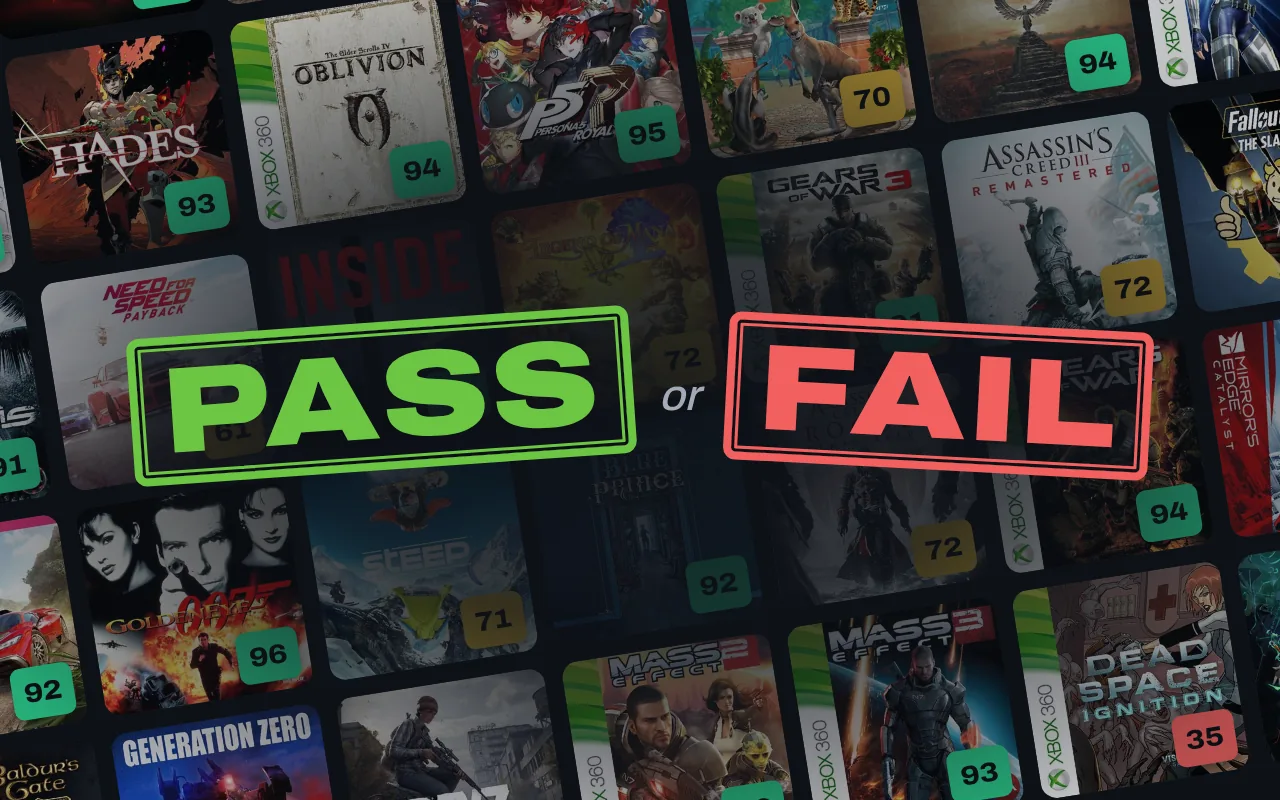 PASS or FAIL rubber-stamped over a wall of Game Pass box art, each game wearing its Metascore: Hades 93, GoldenEye 007 96, Dead Space Ignition 35
