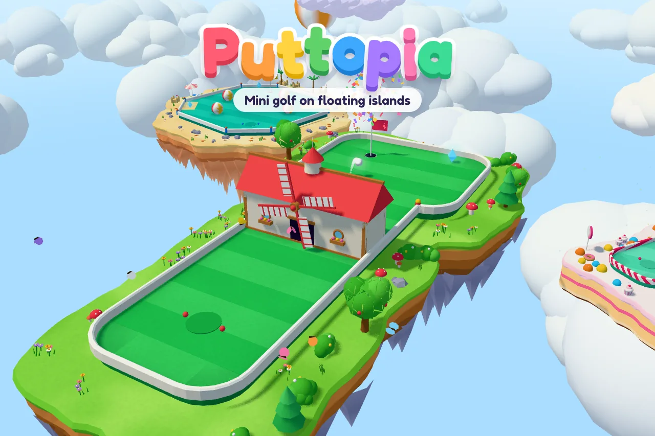 The rainbow Puttopia logo over a floating grassy island where a golf ball rolls past a red-roofed windmill towards the flag, with a sandy beach-ball island and a candy island floating among the clouds