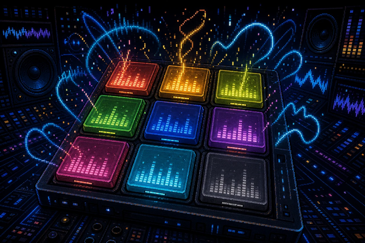 A glowing nine-pad sampler surrounded by looping sound waves