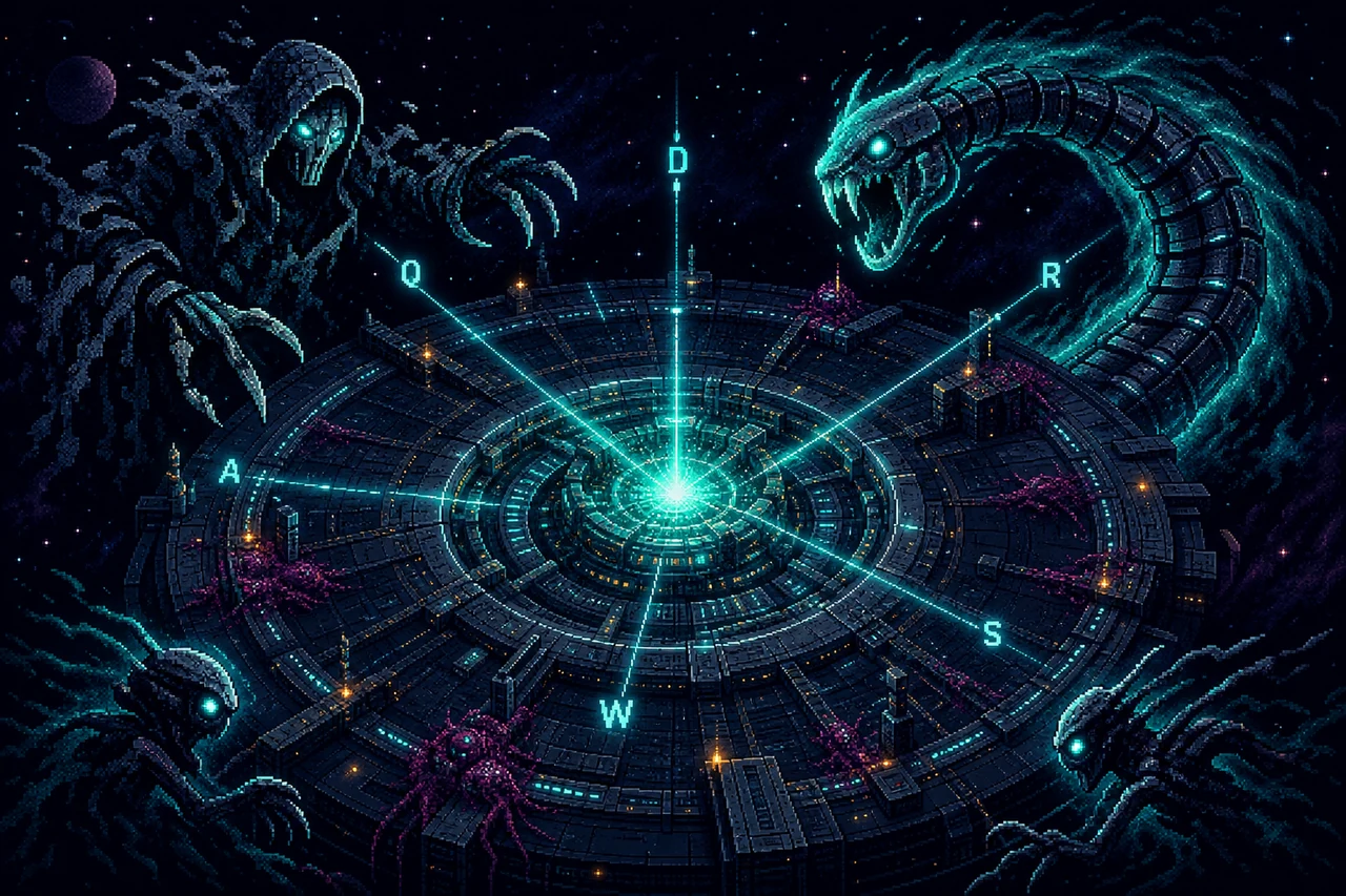 Spectral enemies closing in on a glowing orbital relay
